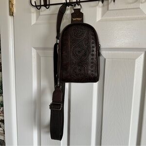 Brown Tooled Sling Bag